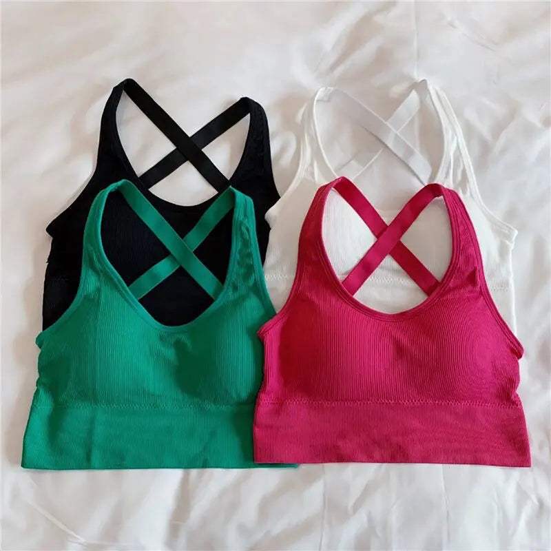 Women Seamless Sexy Cross-back Hollow Out Knitted Camisole Summer Sports Cropped Padded Tanks Push Up Bra Tops Lingerie Bralette