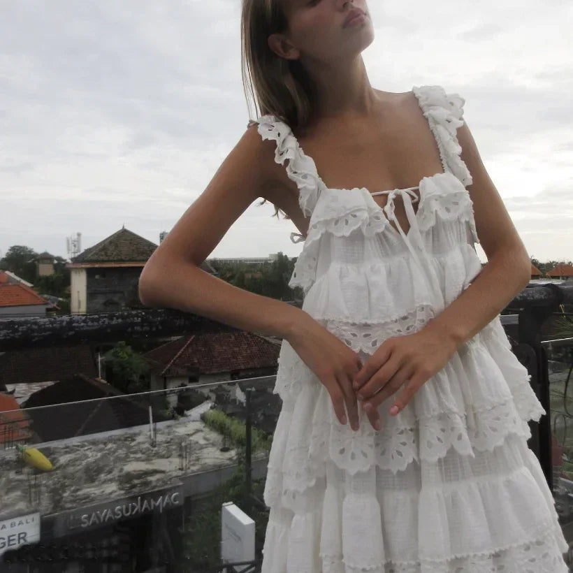 White mini lace dresses for women 2024 Summer party dresses sexy ruffle dress beach outfits for women sundress elegant backelss