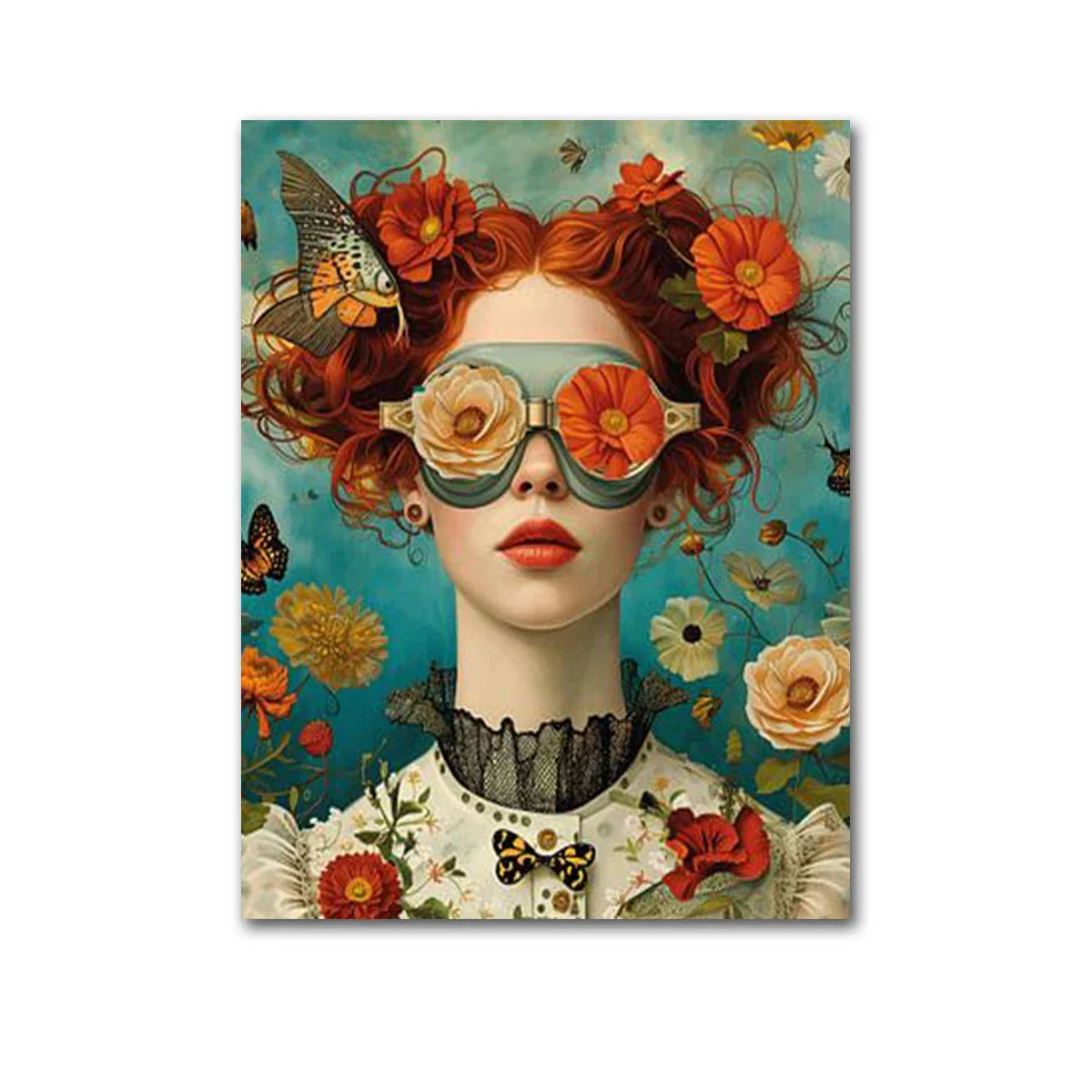 Nordic Boho Fashion Glasses Woman With Flowers Wall Art Canvas Painting Butterfly With Girl Portrait Poster Prints Mural Picture