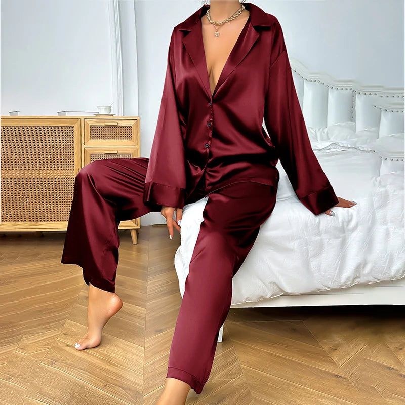 Women's Satin Silk Sleepwear Low Cut Sexy Home Clothes Pajamas For Femme Single-Breasted Long Sleeves Wide Leg Pants Trouser Set