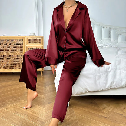 Women's Satin Silk Sleepwear Low Cut Sexy Home Clothes Pajamas For Femme Single-Breasted Long Sleeves Wide Leg Pants Trouser Set