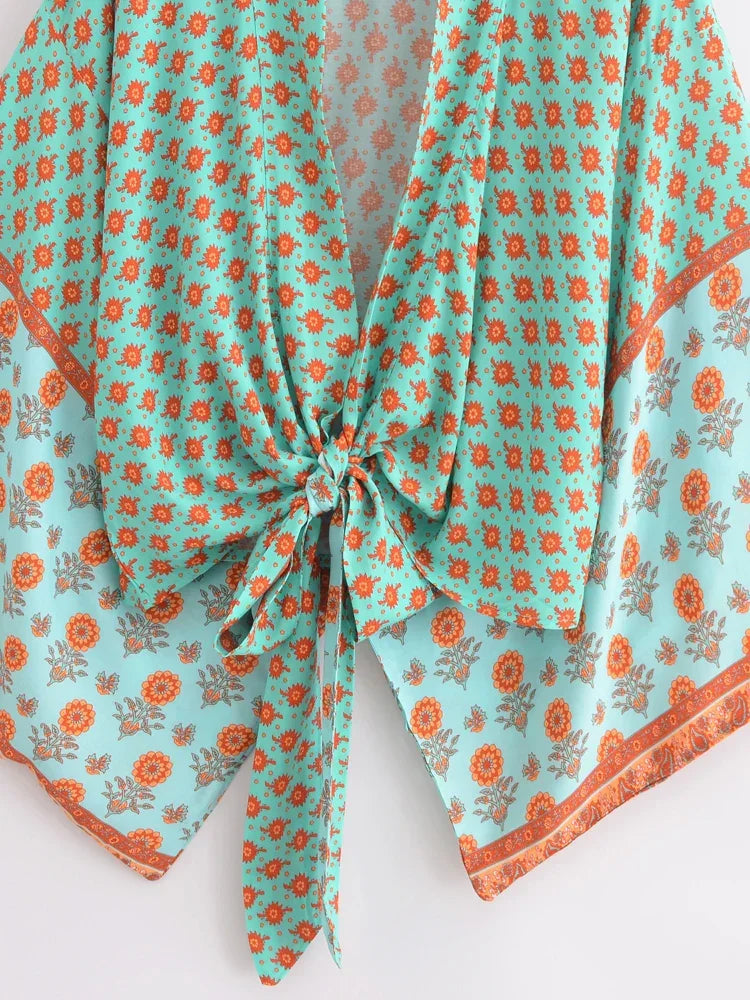 Vintage Green Floral Boho Kimono Short Beach Robe