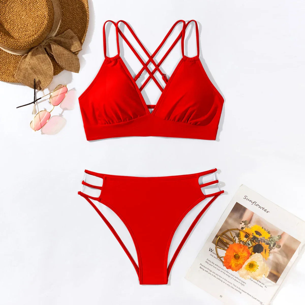 Women's  Split Bikini Suit Double Shoulder straps Bra Cross-adjustable waist Hollow Female swimsuit Sexy Beach Set