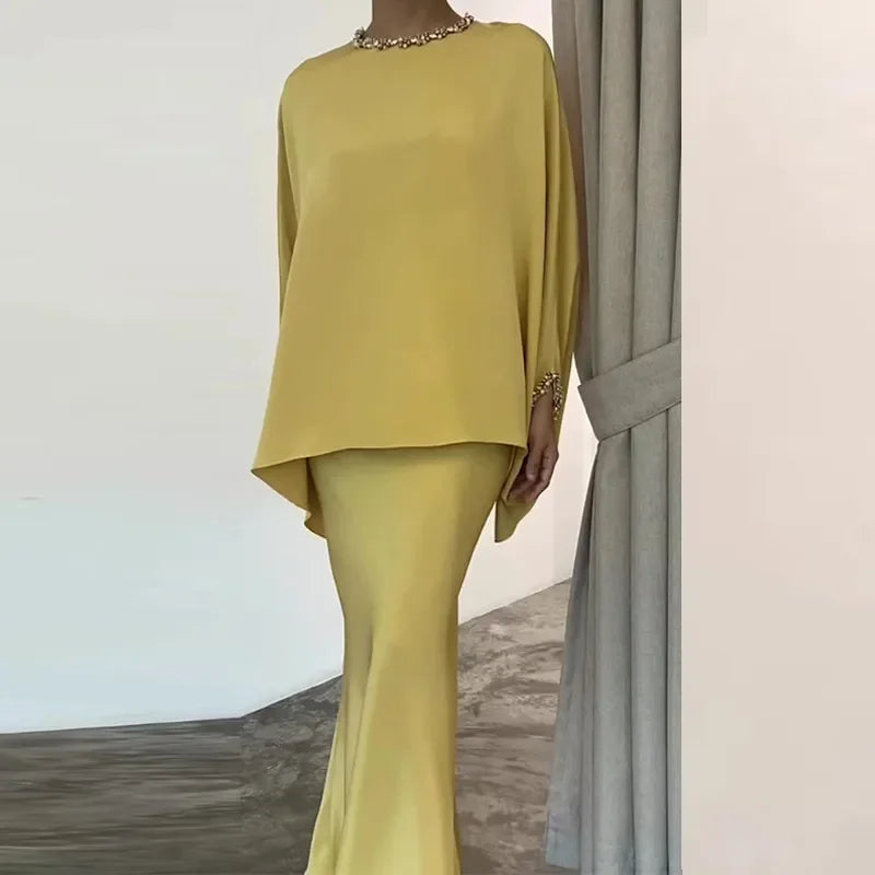 High Fashion Commuting Satin Set Elegant Batwing Sleeve Tops Blouse & Slim Long Skirt Outfits Women Casual Loose Two Piece Suits LUXLIFE BRANDS