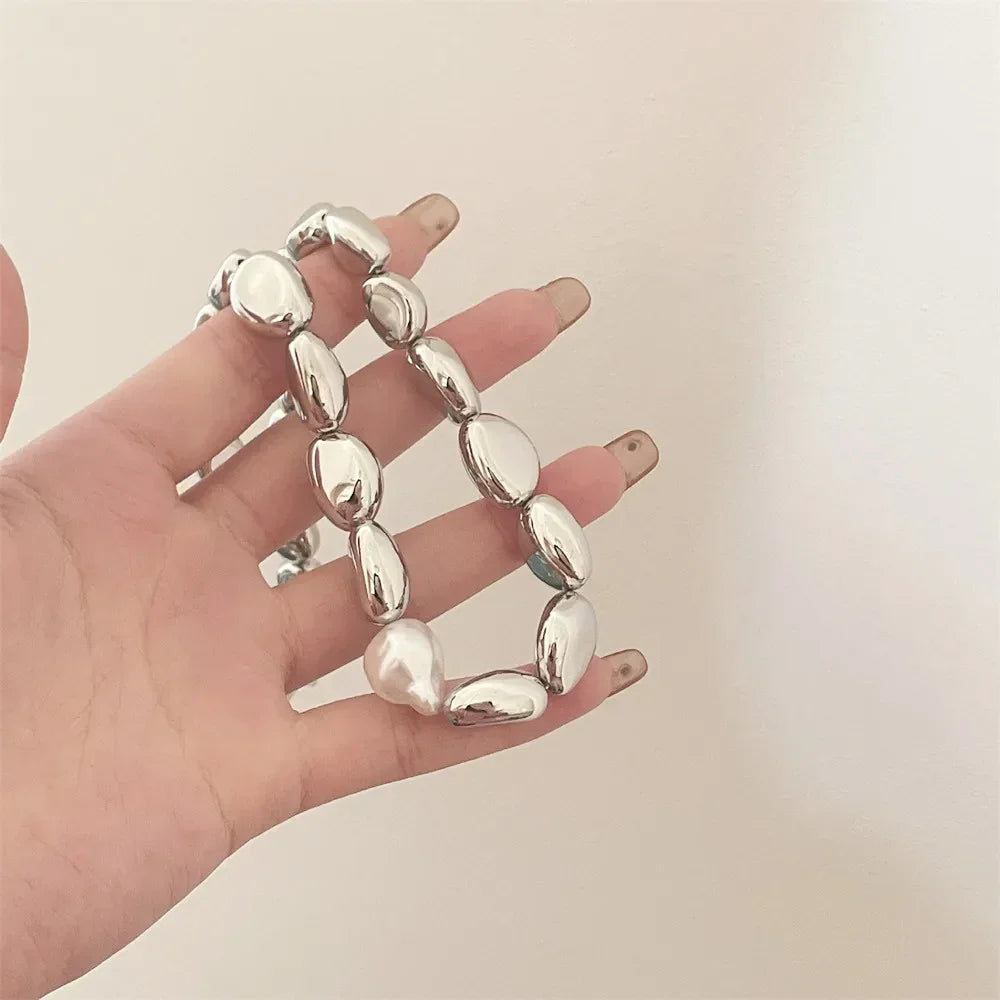 Vintage Silver-plate Geometric Exaggerated Artificial Pearl Chain Necklace For Women Female Fashion Boho Y2K Girl Jewelry Gift Luxlife Brands
