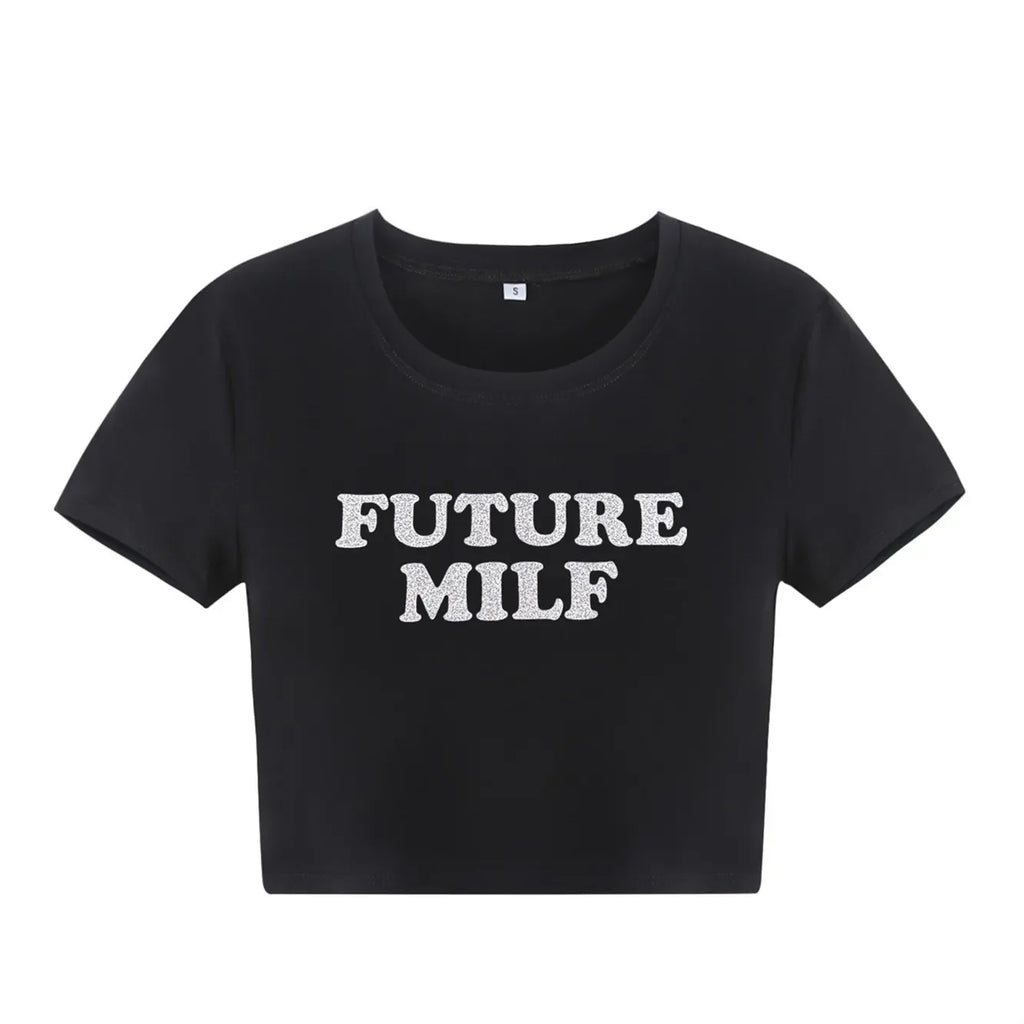 FUTURE MILF Black Baby Crop Tee Aesthetic Top 2000s Inspired Tee Y2K Slogan Graphic Fashion Girls Cotton T-Shirt Gift For Her LUXLIFE BRANDS