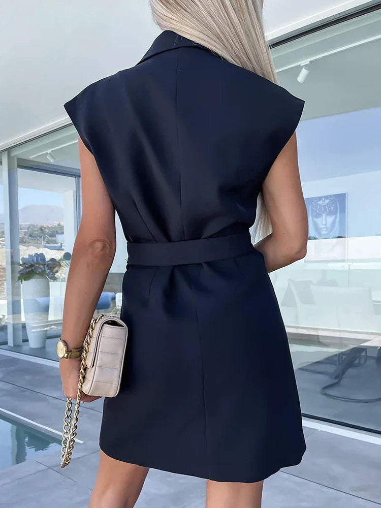 2023 Party Dress Loose Holiday Loungewear Women Summer Sleeveless Mini Dress Solid Fashion V-Neck Belt Ladies Dress Dropshipping