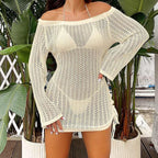 Fashion Style Beachwear Cover Up Knitting Sexy Hollow Out Short Dress Women's Summer Vacation See-Through Sunscreen Smock Dress