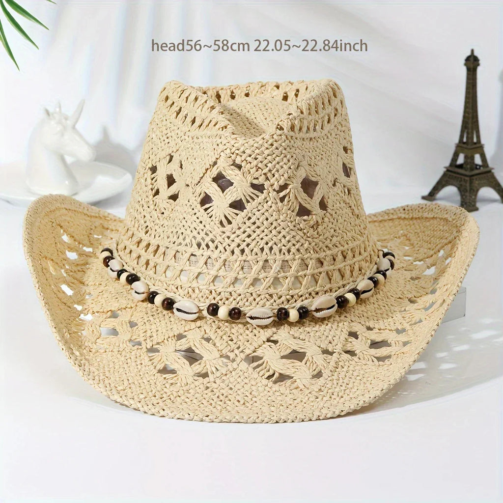 Summer with Shell Beach Hat Women Western Cowboy Hat Wide Brim Sunscreen Sun Hats for Outdoor Breathable Hand-Woven Straw Panama