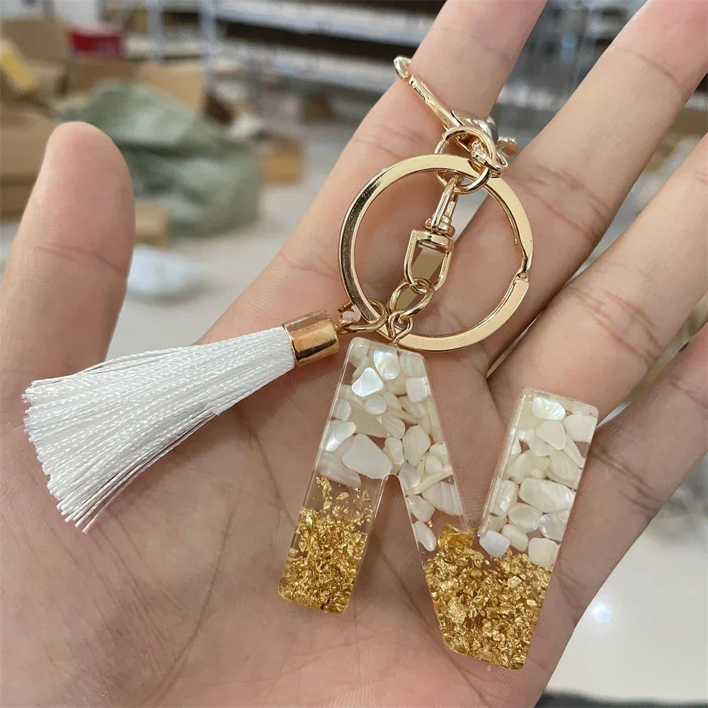 Fashion Bling A to Z Letter Keychain With White Tassel 26 Initial Keychain Car Key Holder Handbag Accessories LUXLIFE BRANDS
