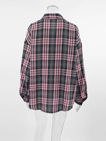 Aynaray Women Autumn Winter 2024 Vintage Pink Plaid Shirt Oversized Long Sleeve Loose Fit Blouse For Woman Female