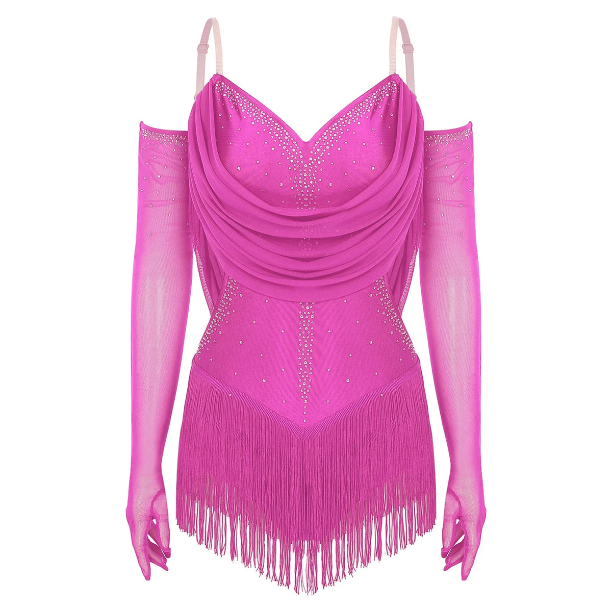 Sparkly Rhinestone & Tassel Fringe Dance Leotard with Gloves Two-Piece Stage Costume