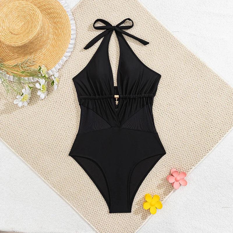 Deep V Neck Halter Backless Women Swimwear One Piece Bikini Set Swimsuit Female Bather Bathing Suit Swim
