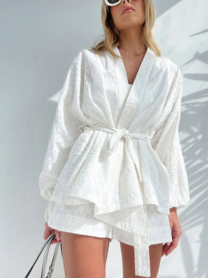 2022 Women Autumn Winter Elegant Solid White Shorts Sets Office Suit Outfits Robe Long Sleeve 2 Two Piece Set Matching Set