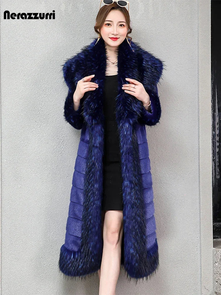 Nerazzurri Winter Long Striped Warm Sapphire Blue Luxury Fluffy Faux Mink Fur Coat with Fox Fur Trim European Overcoat Fashion LUXLIFE BRANDS
