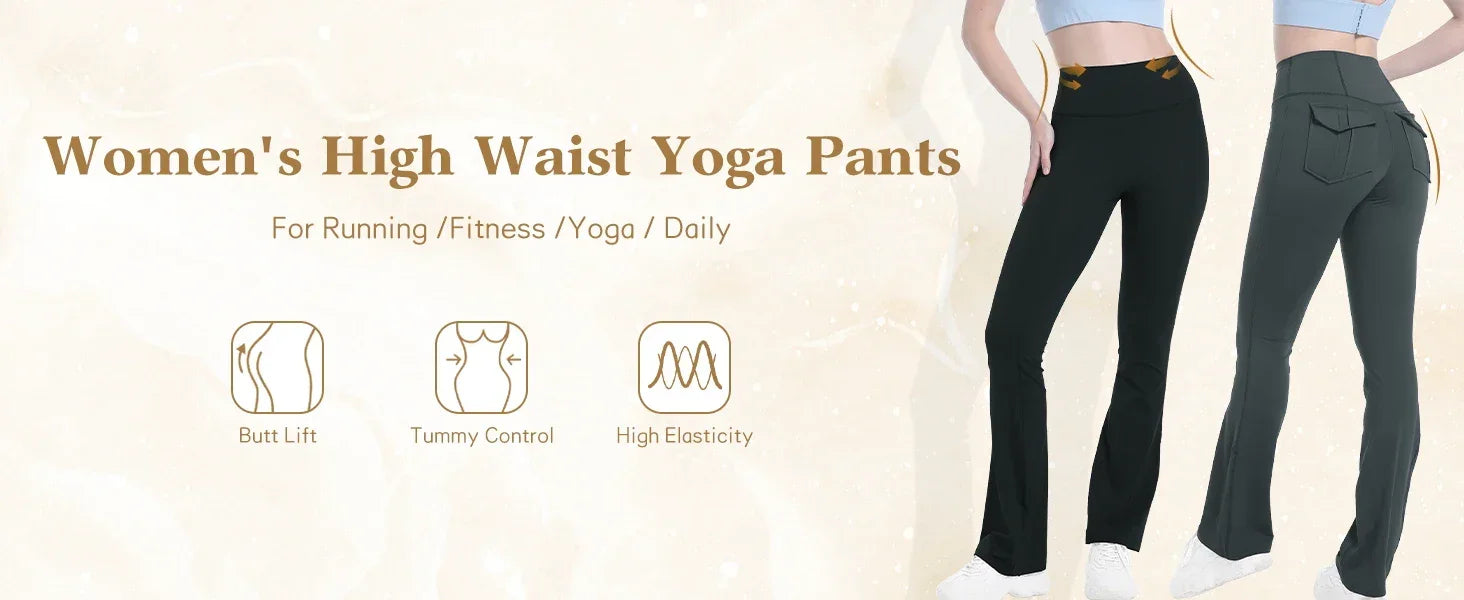 Women's Flare Leggings with Pockets High Waisted Butt Lifting No Front Seam Tummy Control Bootcut Yoga Pants for Women