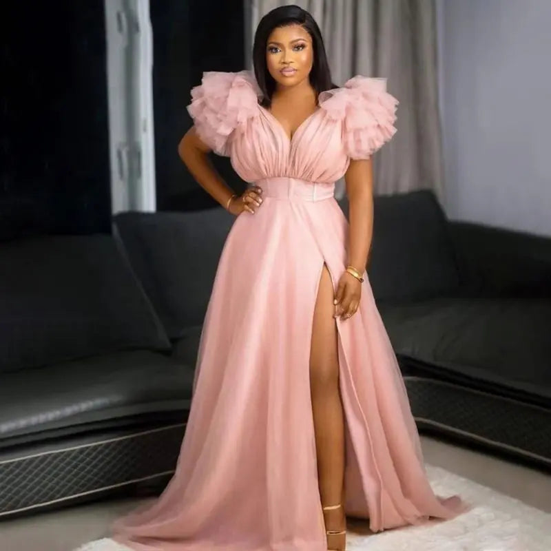 luxury Women Long Dress 2023 New Pink Tulle Deep V-neck Big Puff Sleeve Gowns for Birthday Party Evening Formal Occasion Dresses