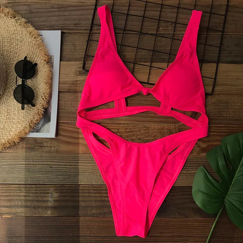 Sexy Cut Out One Piece Swimsuit Women Swimwear Thong Bathing Suit Black Red Green Swimming Beachwear Monokini