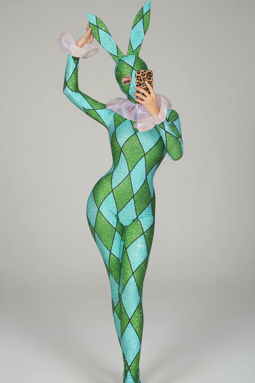 Futuristic Geometric Rhinestone Bunny Bodysuit – Luxury Showgirl Stage Costume & Exotic Festival Leotard with Statement Collar