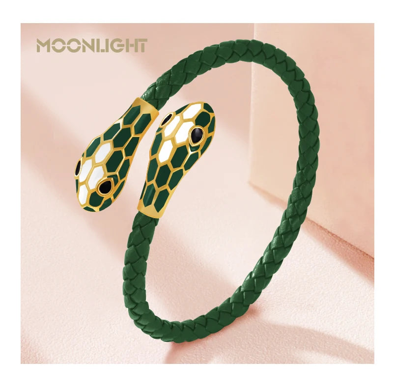 Double Snake Head Cuff Bangles Braided Leather
