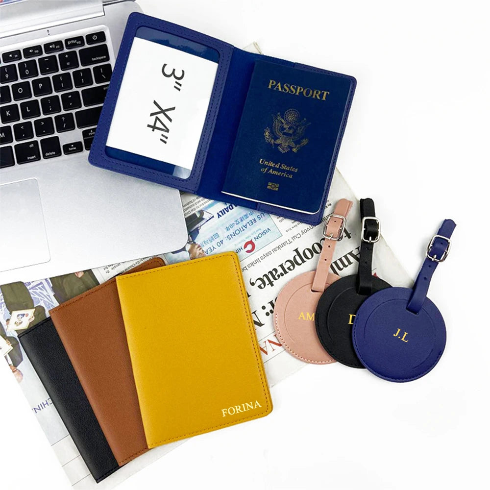 Free Custom Name Travel Passport Holder Luggage Tag Set PU Leather Personalize Letters Gift Passport Cover Suitcase Name Label