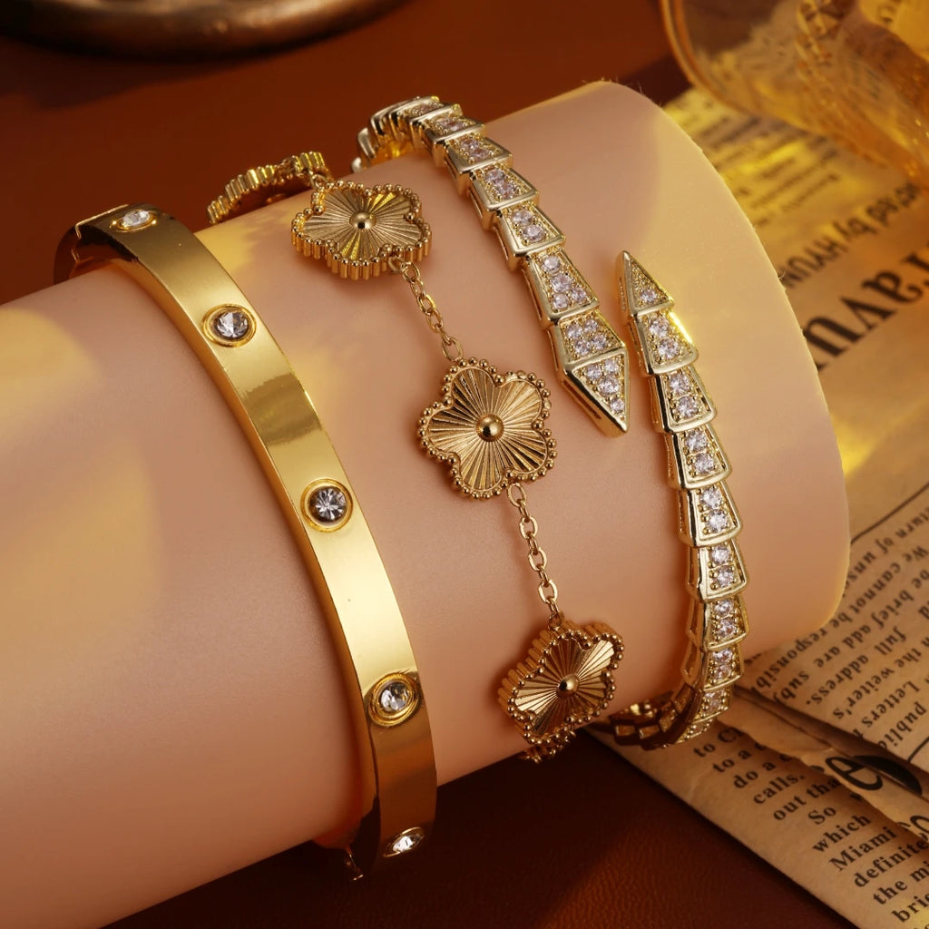 2PCS French Lucky Clover Bracelet Set For Women High Quality Stainless Steel INS Hot Selling Bracelet Charm Feeling Jewelry Gift