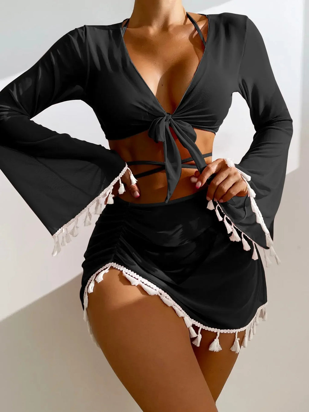 4 Pieces Lace Up Halter Triangle Bikini Swimsuit & Cover Up Top With Skirt Sexy Swimwear Women 2023 Bathing Swimming Suit Female