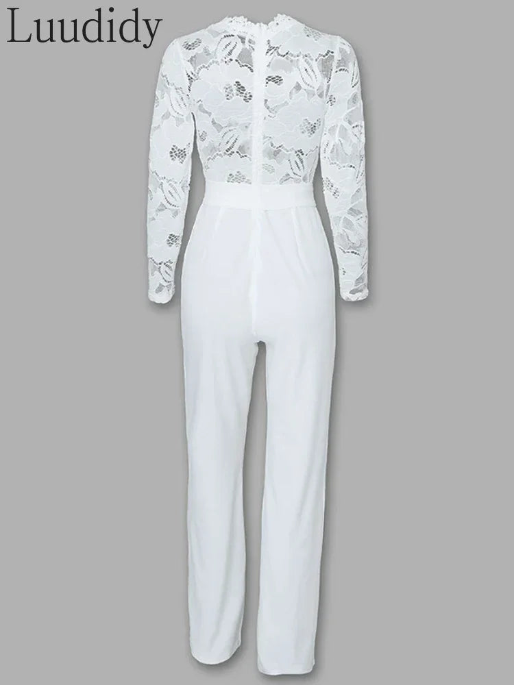 Women Sexy Elegant Overalls Rompers Patchwork Jumpsuit Female Long Sleeve Lace Overall Trousers Party Playsuit LUXLIFE BRANDS