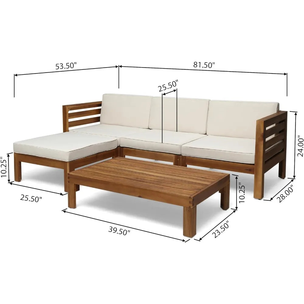 Alice Outdoor 5 Piece Acacia Wood Sofa Set, Teak Finish, Beige