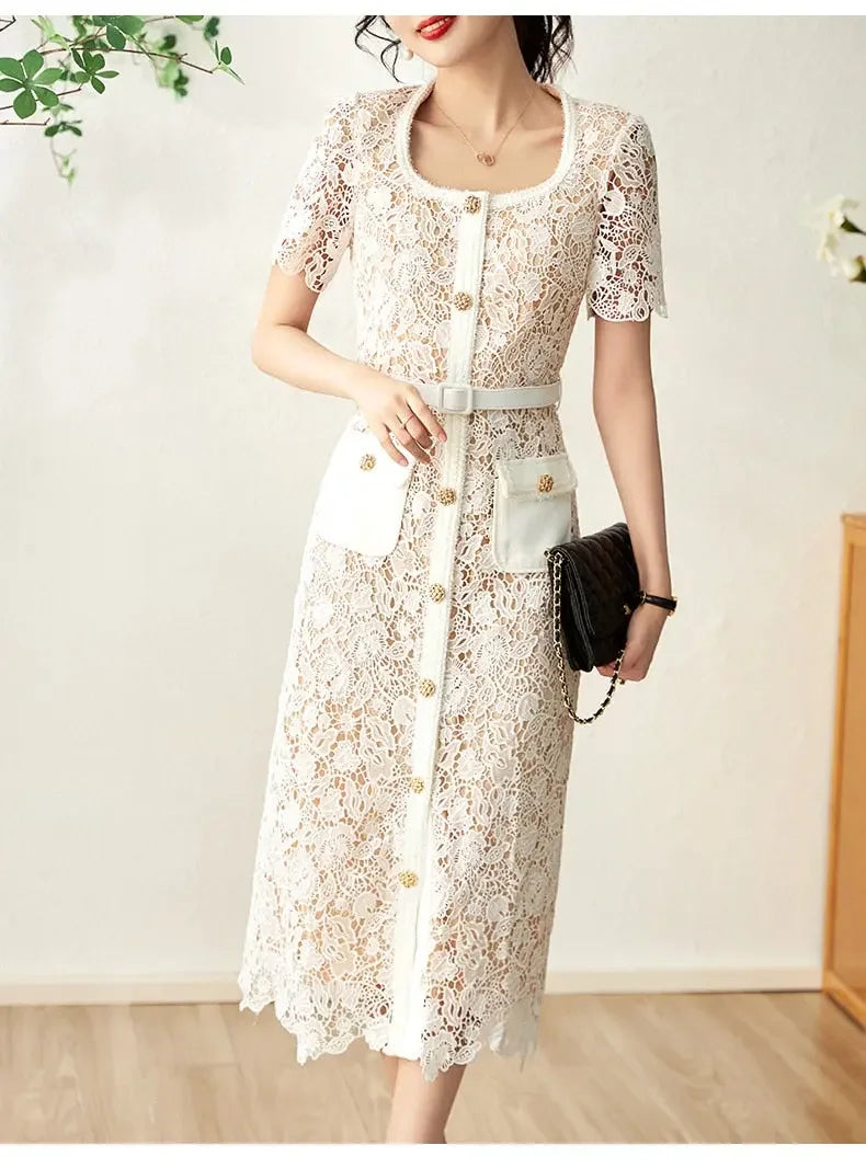 High Quality Pink Lace Dress For Women Summer Vintage Square collar Buckles Slim Mid Dress Hollow out Robes Female Party Vestido