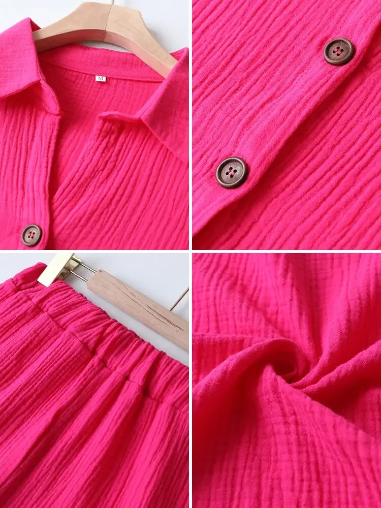 2023 Summer Beach Casual Button White Women's Sets Cotton Linen Two Pieces Sets Long Sleeve Shirt and Shorts Women Set Outfits