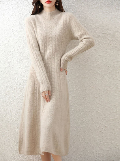 Elegant Fashion Dresses Cashmere Sweater Knitted Long Dress 100% Merino Wool Women Turtleneck Office Skirt Autumn Winter Clothes