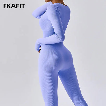 Women Yoga Jumpsuits One Piece Workout Ribbed Long Sleeve Rompers Square Neck Sport Exercise Bodysuits Gym Sportswear