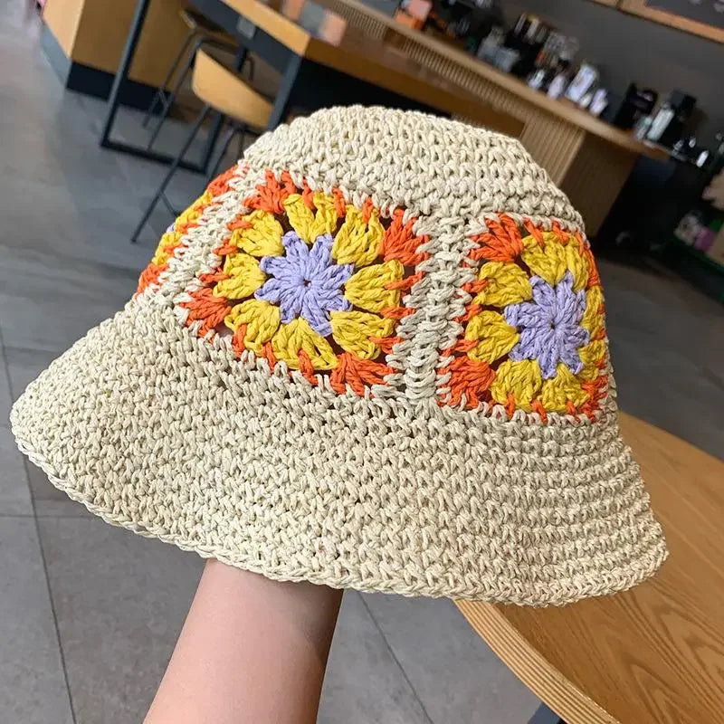 Women Sun Beach Crochet Flowers Hat Fisherman Hat Tourism Female Vacation Paper Straw Bucket Hat