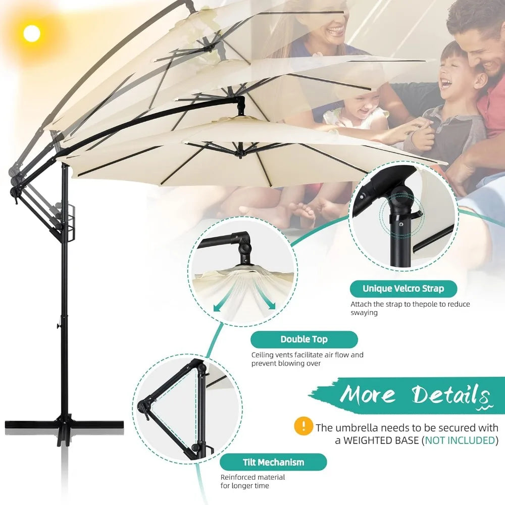 Patio Offset Umbrella w/Easy Tilt Adjustment,Crank and Cross Base, Outdoor Cantilever Hanging Umbrella with 8 Ribs, 95% UV