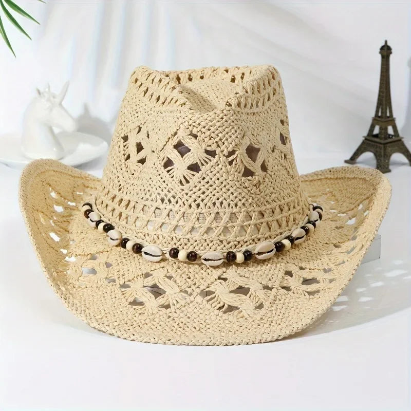 Summer with Shell Beach Hat Women Western Cowboy Hat Wide Brim Sunscreen Sun Hats for Outdoor Breathable Hand-Woven Straw Panama