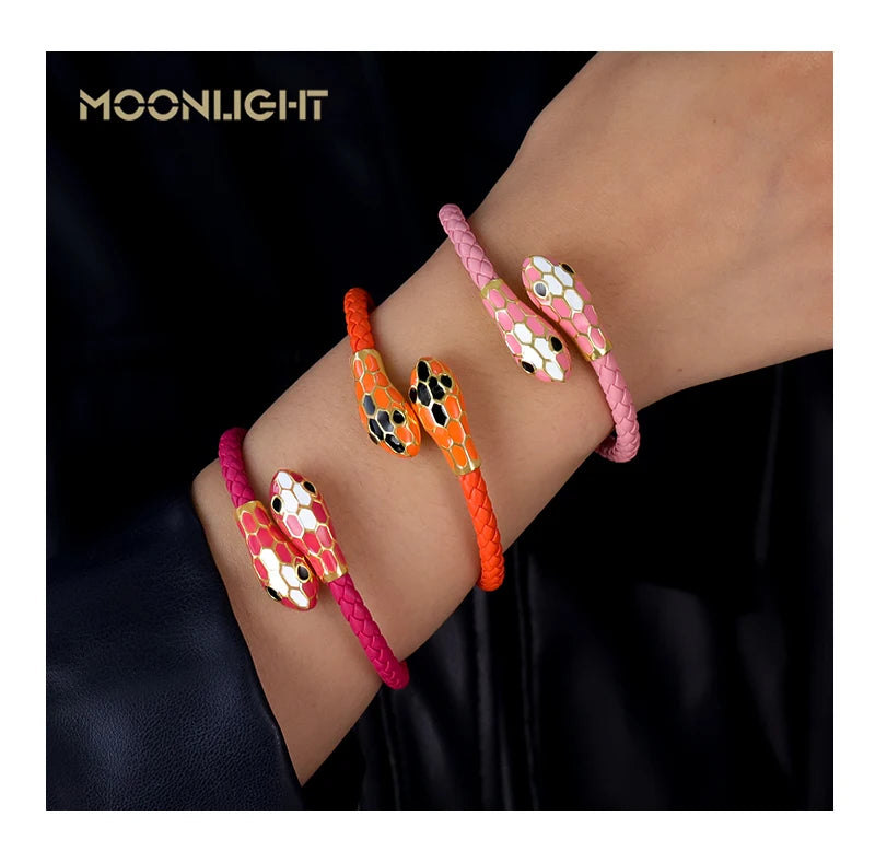 Double Snake Head Cuff Bangles Braided Leather