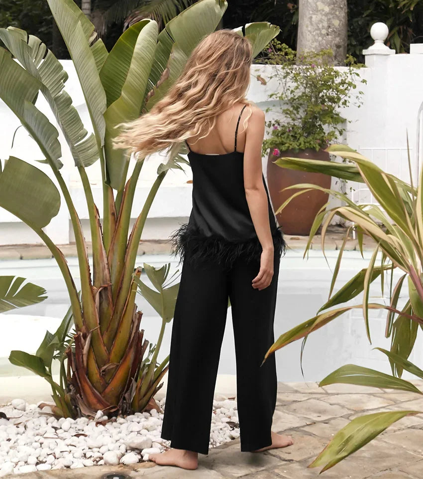 Silk Cami & Pants Set With Feather Details LUXLIFE BRANDS