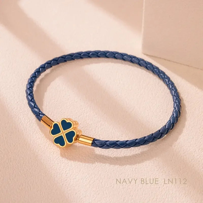Green Four-Leaf Clover Lucky Bracelet For Women Genuine Braided Leather Bracelet 9 Colors Birthday Party Jewelry ChiristmasGifts