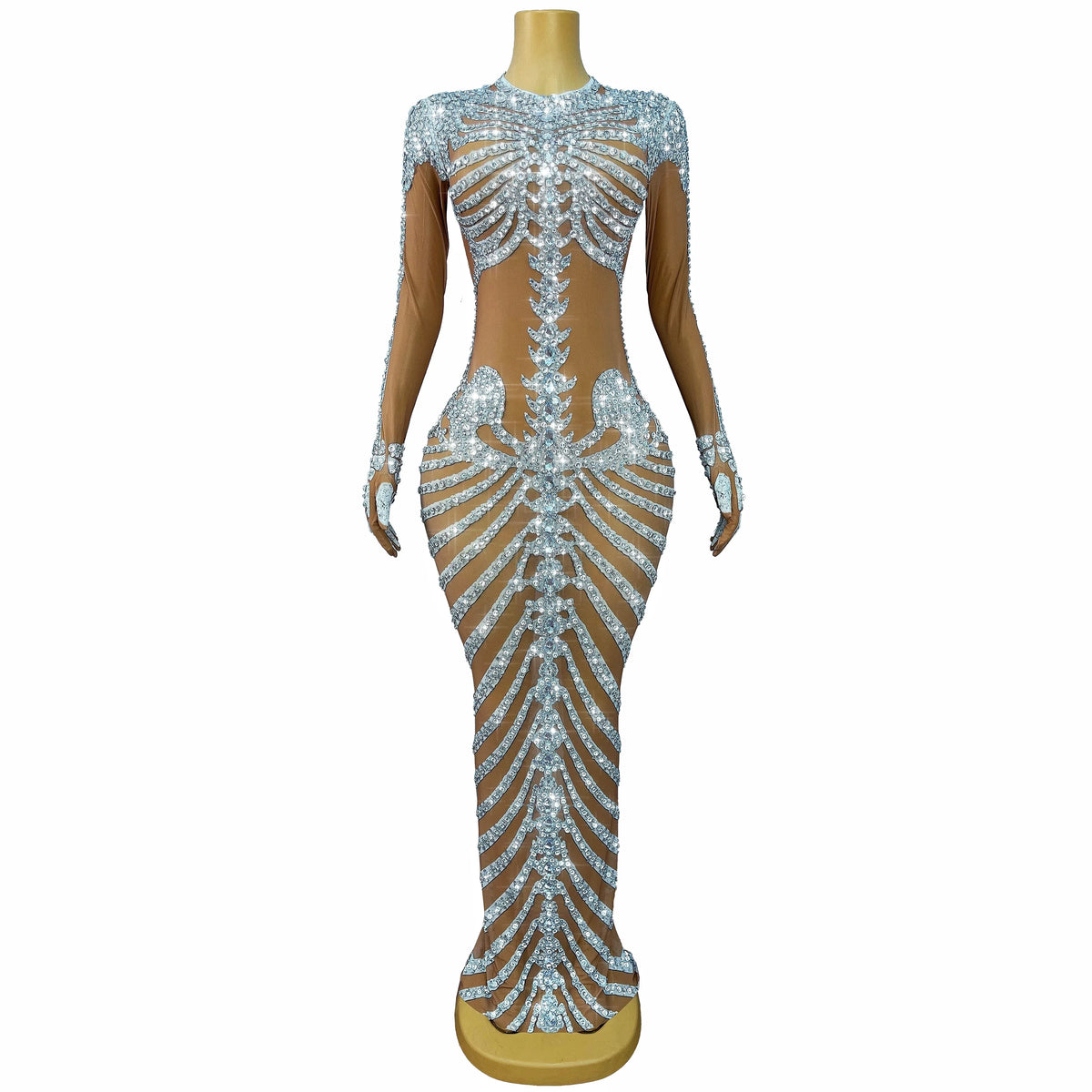 Fashion Skeleton Pattern Designed Shining Rhinestones Mesh Dress Women Halloween Party Celebrate Show Stage Outfit