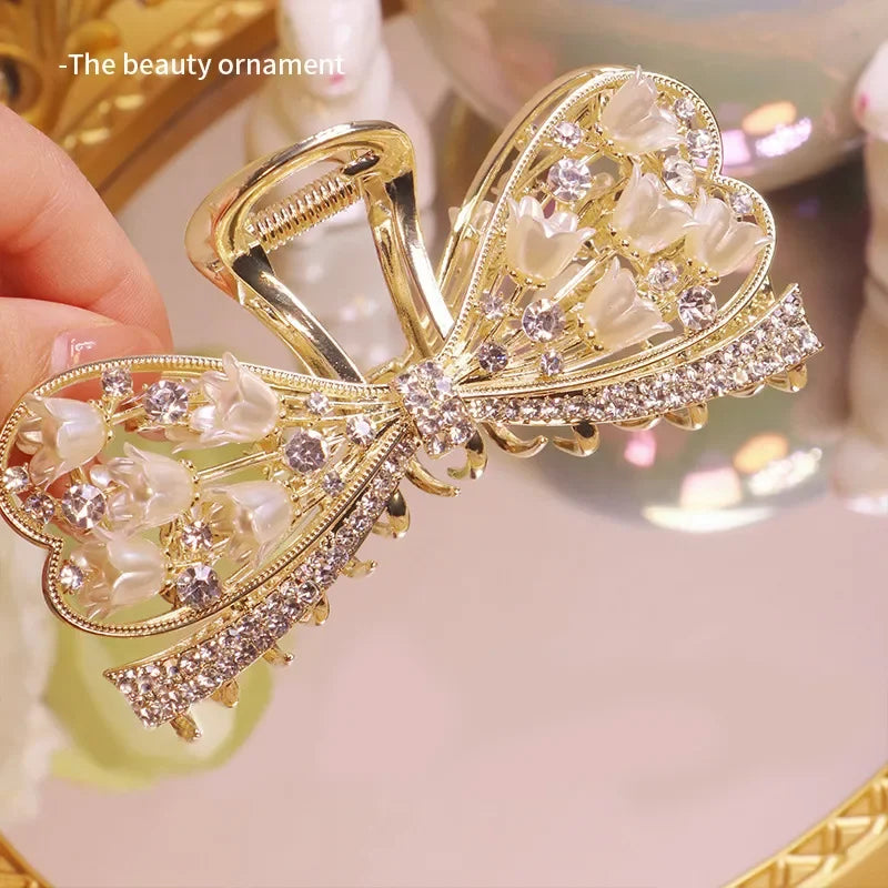 Luxury Flower Bowknot Hair Claw Women Crystal Alloy Tassel Hair Clips Girls Fashion Simplicity Shark Crab Clips Hair Accessoires LUXLIFE BRANDS