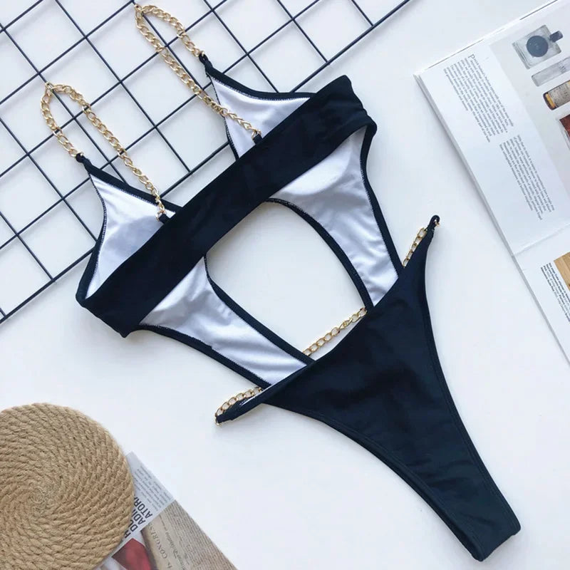 Sexy Metal Chains String High Cut One Piece Swimsuit Women Swimwear Female Monokini Tummy Cut Out Bathing Suit Swim Beach Wear