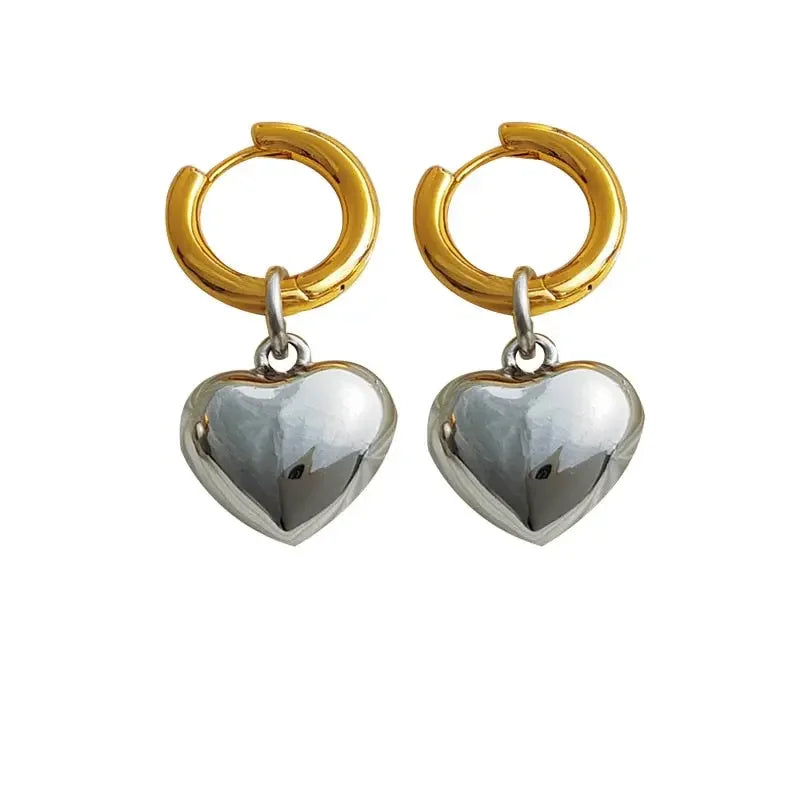 Statement Minimalist Gold Silver Color Mixed Solid Heart Pendant Hoop Earrings Street Style Korean Fashion Jewelry