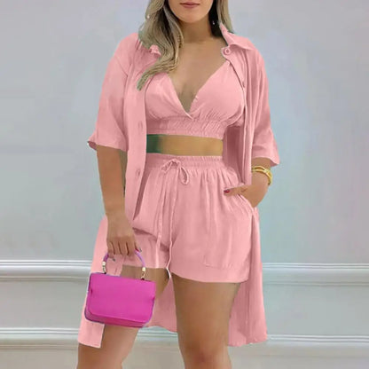 3pcs Summer Shorts Set Women Outfits Pure Color Camisole Crop Top Shirts Coat Shorts 3 Piece Set Women Tracksuits шорты женский