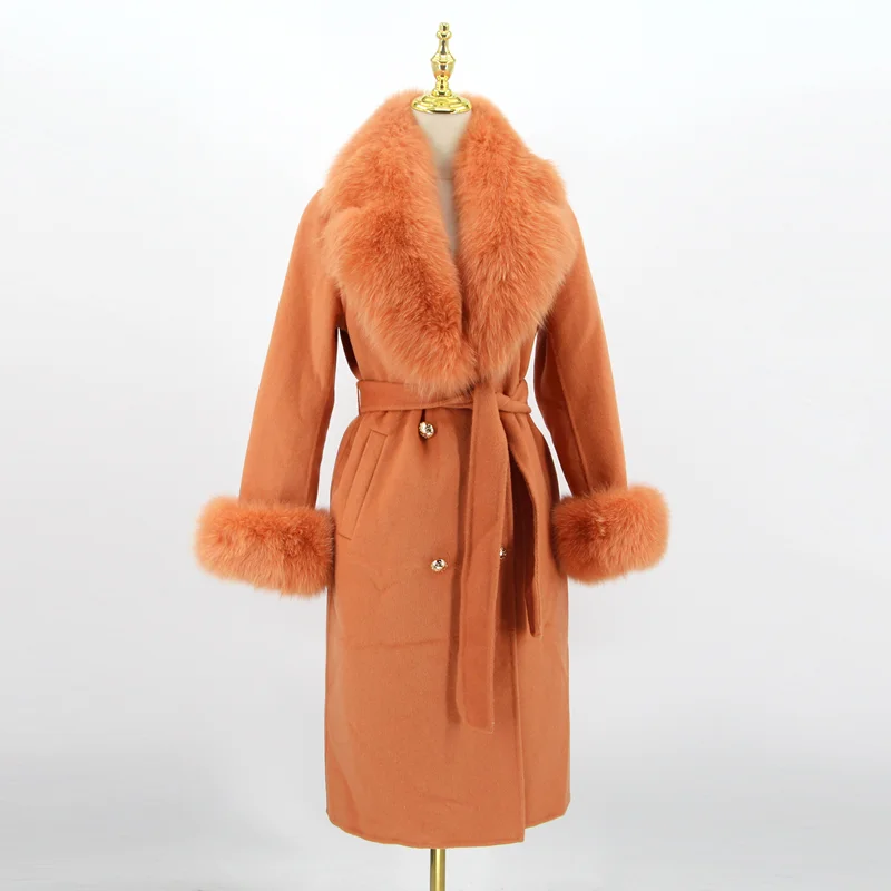 2023 New Arriva High Quality Cashmere Women Jacket With Bigger Real Fox Fur Collar And Cuffs