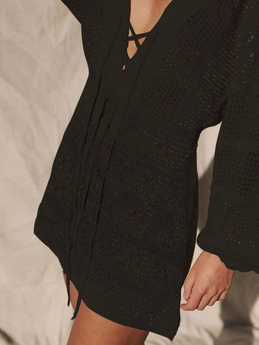 Sexy Deep V-neck Lace-up Bell Sleeve Knit Mesh Hollow Out Beach Mini Dress 2025 Summer Swimsuit Cover Up Women Casual Tunic K14 Luxlife Brands