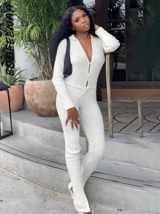 Sunday Comfy Ribbed White Long Sleeve Jumpsuit LUXLIFE BRANDS