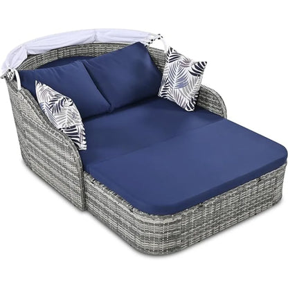 LUXHOME 79.9" Outdoor Daybed with Adjustable Canopy, Curved Armrests, Cushions and 4 Pillows