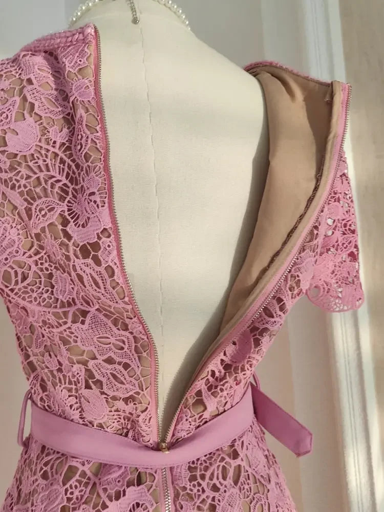 High Quality Pink Lace Dress For Women Summer Vintage Square collar Buckles Slim Mid Dress Hollow out Robes Female Party Vestido
