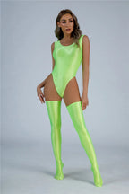 Women Candy Color Oil Glossy Elastic Bodysuit Bodycon Rompers One-piece Swimsuit Silky Tights Satin Backless Shaper Sexy Leotard Luxlife Brands